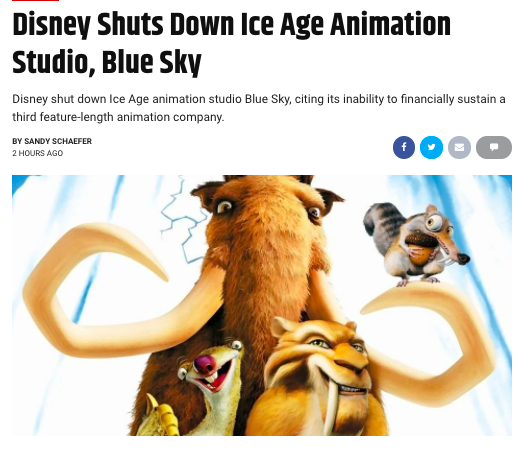蓝天工作室被迪士尼关停，曾制作《冰河世纪》等经典动画